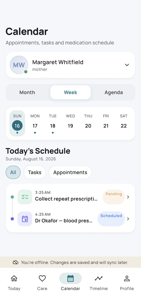 CareCircle calendar with the week's appointments