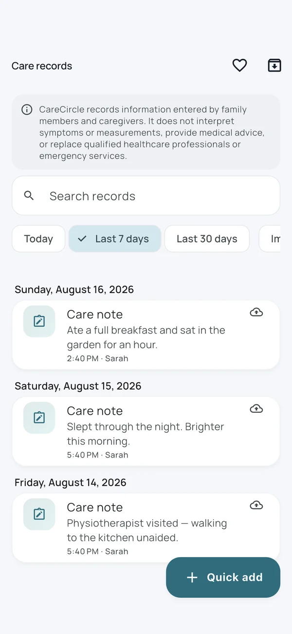 CareCircle care records list