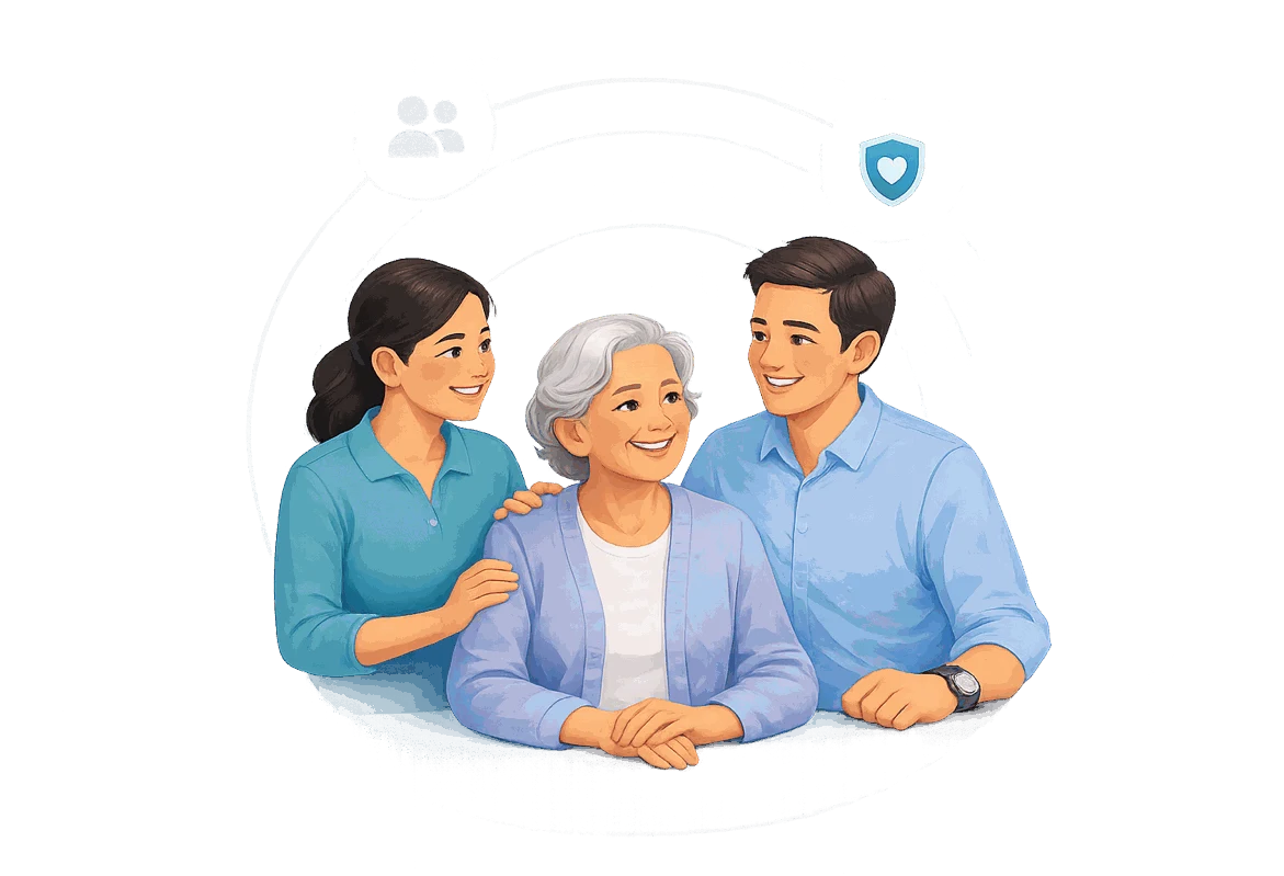 A family smiling together around their grandmother