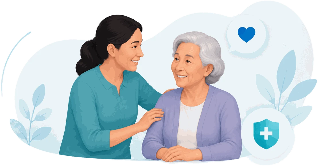 A caregiver sitting with her elderly mother