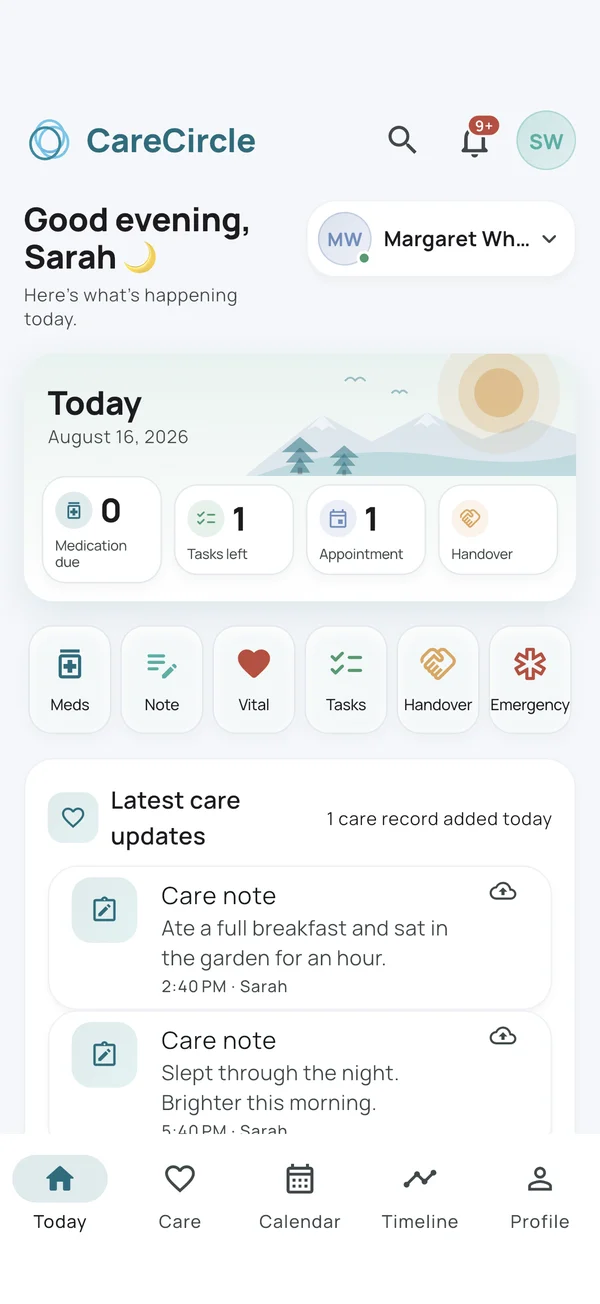 CareCircle Today screen showing medications due, tasks and the latest care notes